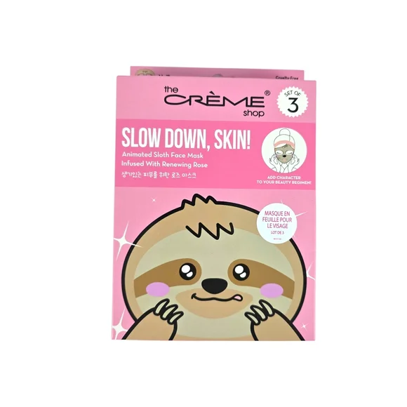 The Crème Shop, Animated Pink Sloth Face Mask, Set of 3, - Renewing Rose - Picture 1 of 8